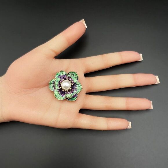 Yellow Gold Glittery Pearl with Purple and Green Enamel Flower Pin Back Brooch - Picture 7 of 7